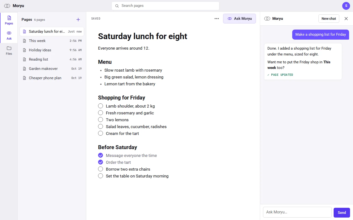 Moryu on a laptop: asked to make a shopping list for Friday, it added the list to the Saturday lunch page